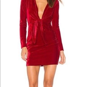 Minkpink plunge tie red velvet SM stretch dress
